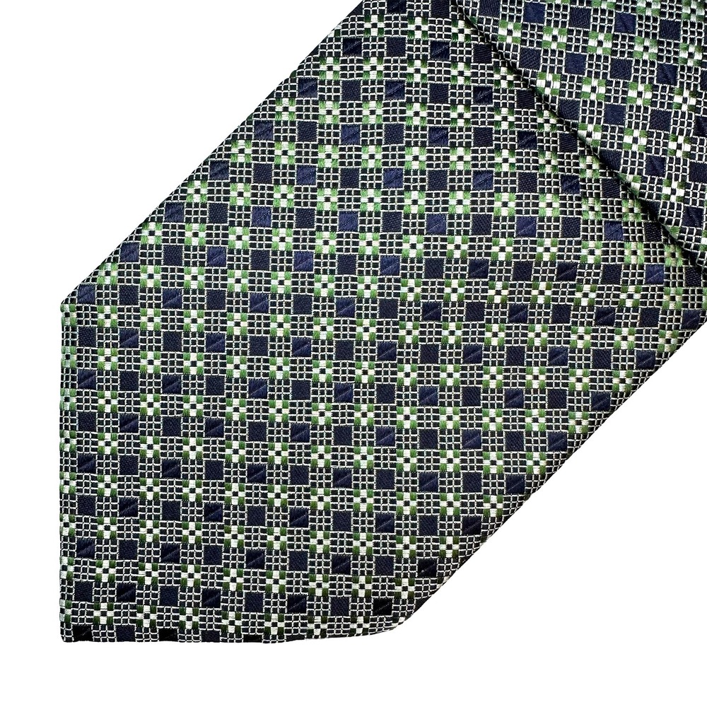 EQUESTRIAN FIRENZE Men's‎ Geometric Square Pattern Silk Tie • navy blue, green